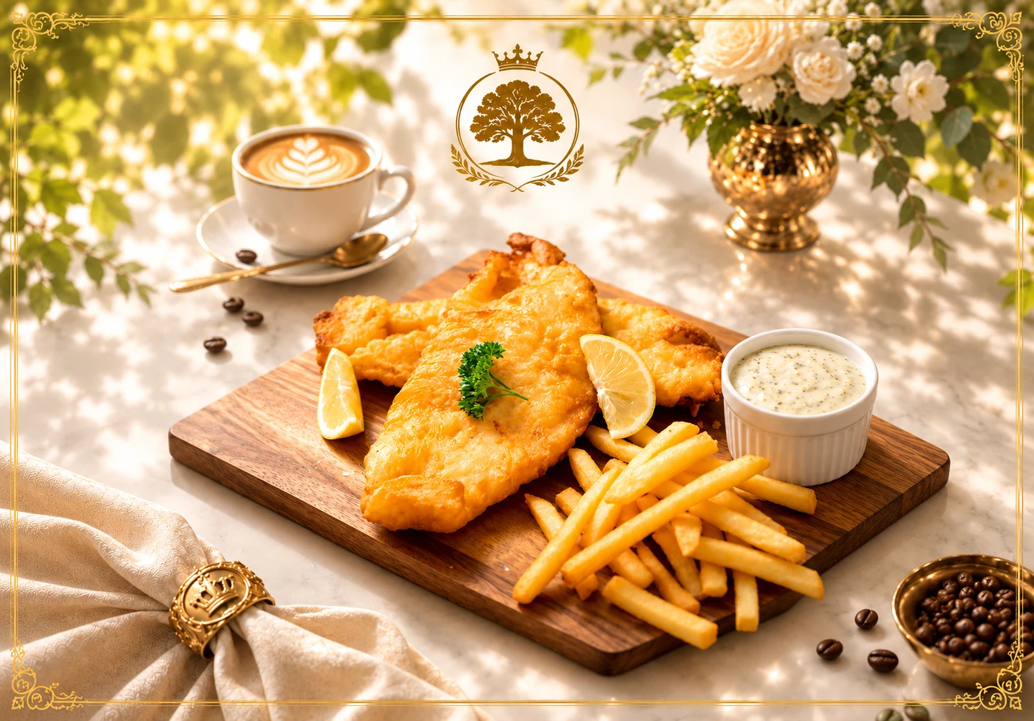 Golden fish and chips promotional artwork